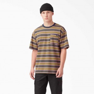 Green Moss Stripe Dickies Relaxed Fit Striped Pocket T-Shirt | US0000992